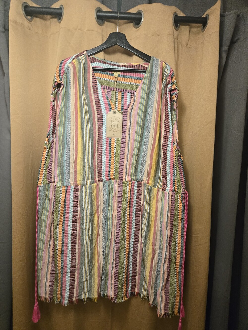 True Craft Multicolor Striped V-Neck Tunic with Pink Tassels